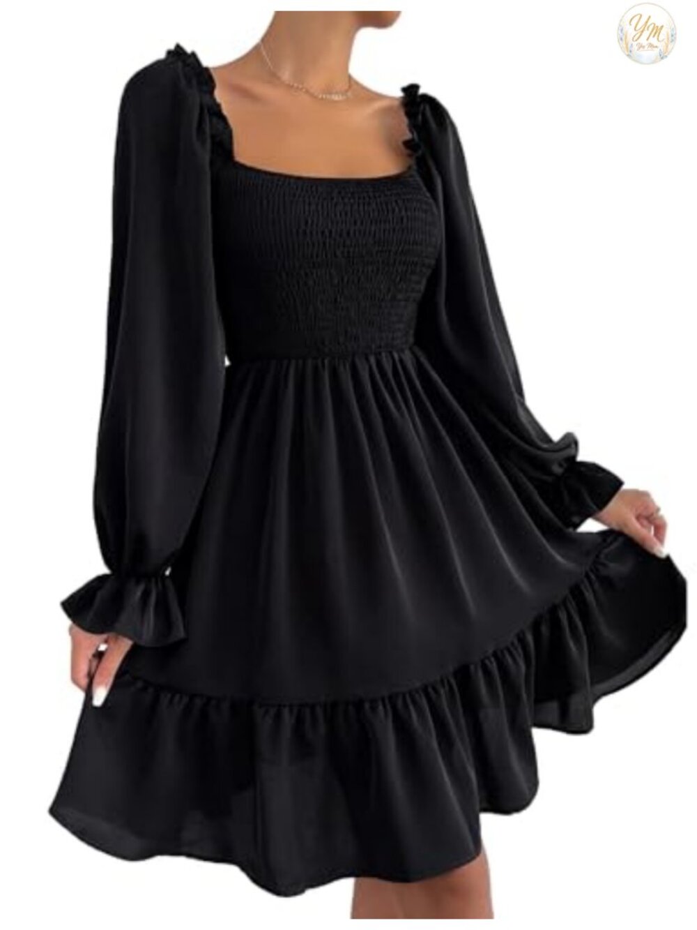 Women's Square Neck Smocked Puff Sleeve Knee Length Dress Wedding Guest
